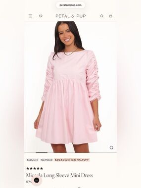 Petal & Pup Light Pink Ruched-Sleeve Mini Dress